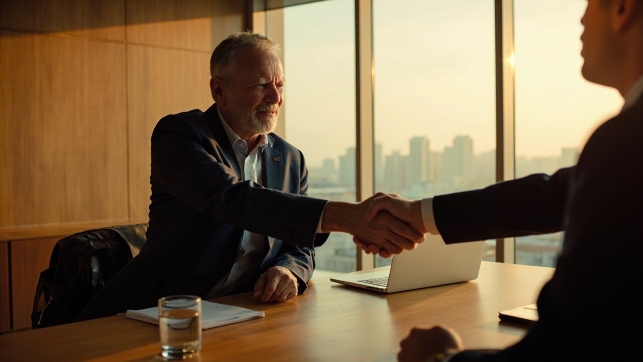 American business traveler with a laptop bag shaking hands across a table with a counterpart in a warm modern Phnom Penh meeting room
