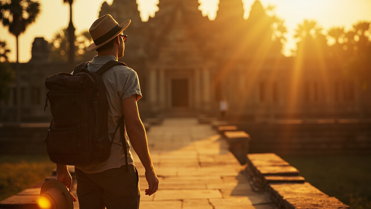 American leisure traveler in their thirties walking toward an ancient Angkor temple at golden hour with a small daypack