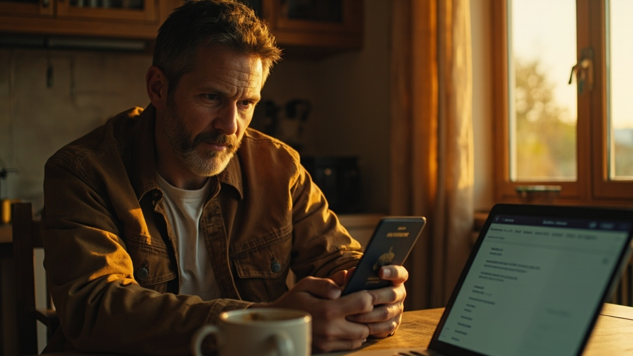 American traveler at a sunlit home table considering a phone in one hand and a blue US passport in the other, thinking through a choice