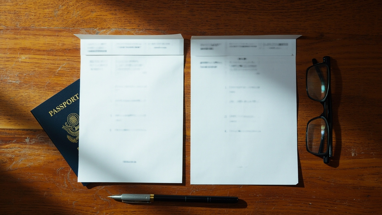 Overhead flat-lay of two folded A4 visa printouts side by side beside a blue US passport on a warm wooden desk