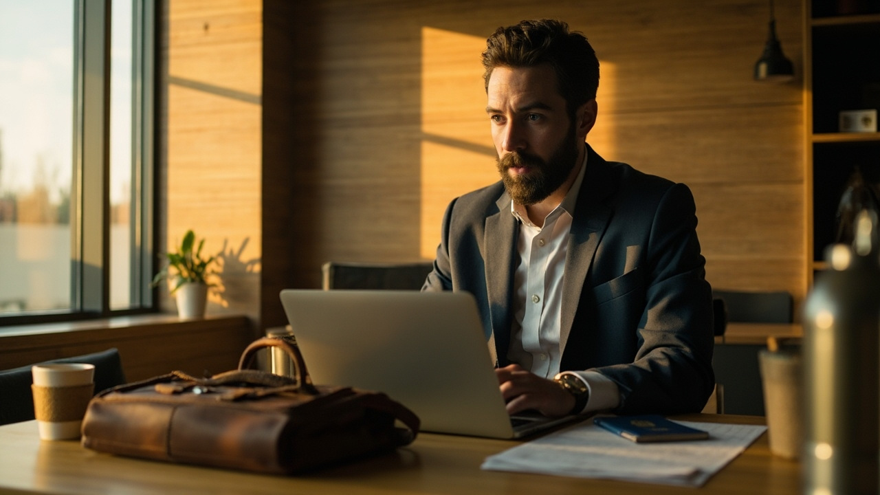 American business traveler with a laptop bag and a blue US passport at a sunlit modern desk, preparing for a work trip