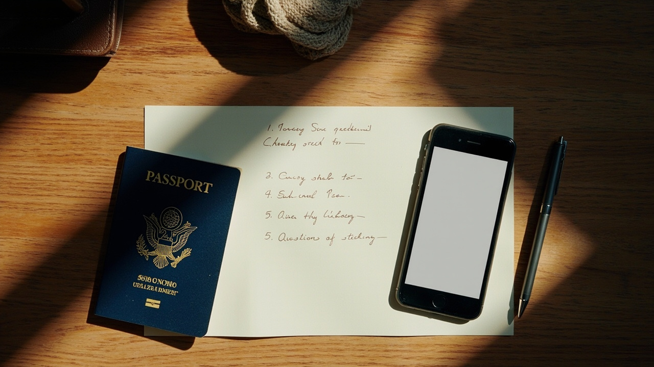 Overhead flat-lay of a blue US passport, a smartphone, and a handwritten five-question decision checklist on a warm wooden desk