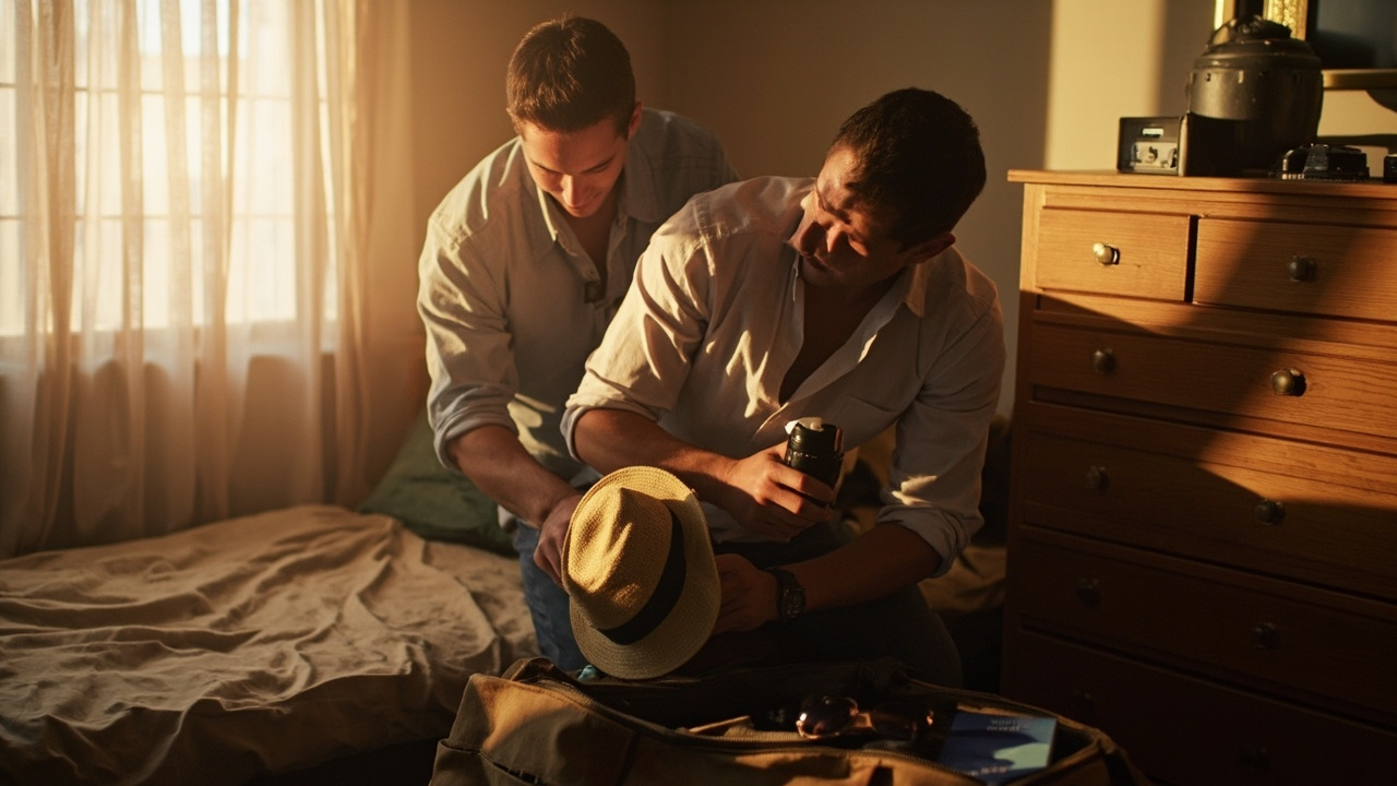 Relaxed American leisure traveler packing a sun hat and camera into a weekender bag beside a blue US passport on a warm timber bedroom dresser