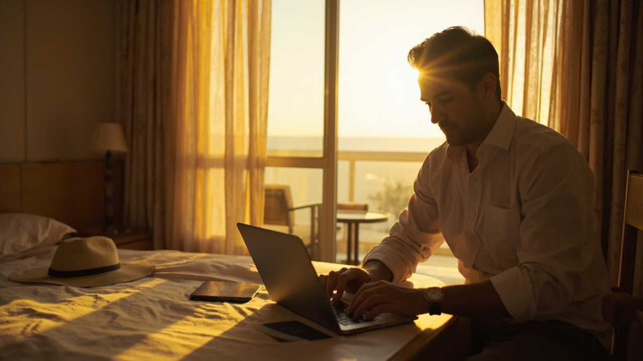 American traveler working on a laptop at a hotel room desk near a window, blue US passport and a sun hat both visible, blending work and leisure