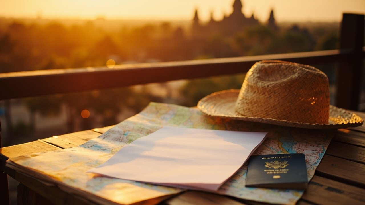 A printed Cambodia Tourist eVisa PDF resting on a folded map near the silhouette of Angkor Wat, with a sun hat and a blue US passport in warm golden-hour light