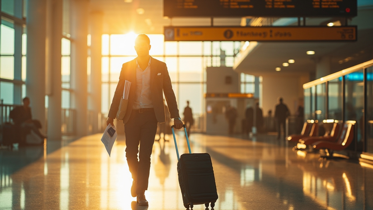 An American traveler with a rolling carry-on walking through a sunlit modern airport terminal toward the gates at golden hour