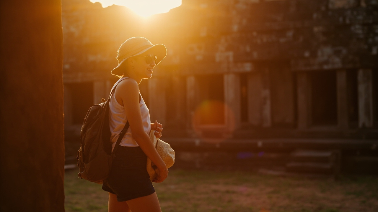 An American traveler in her late 30s pausing in front of an Angkor Wat-style temple at golden hour, daypack on one shoulder, taking in the view