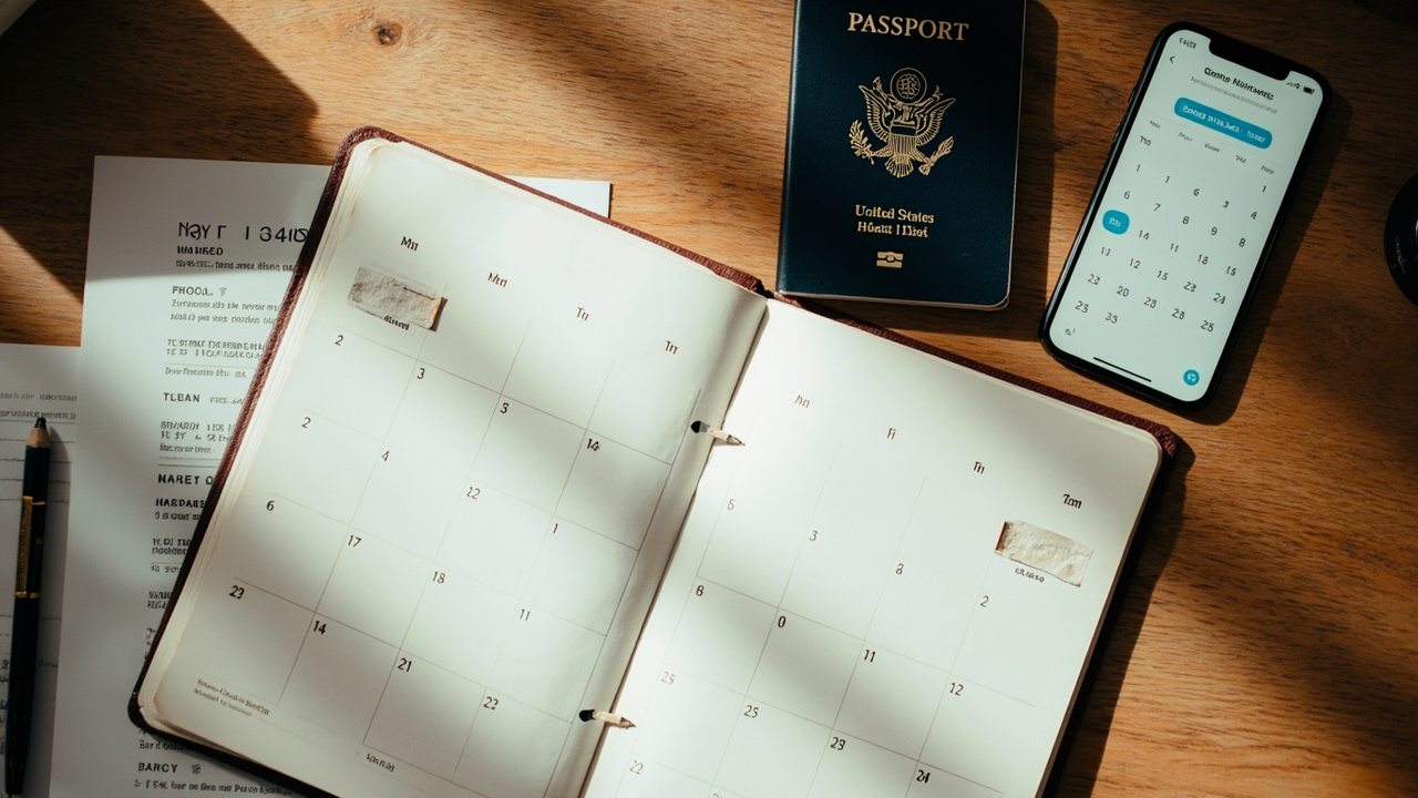 Overhead flat-lay of a paper wall calendar, a blue US passport, and a smartphone on a warm wooden desk, with two date ranges softly marked as a travel-planning scene