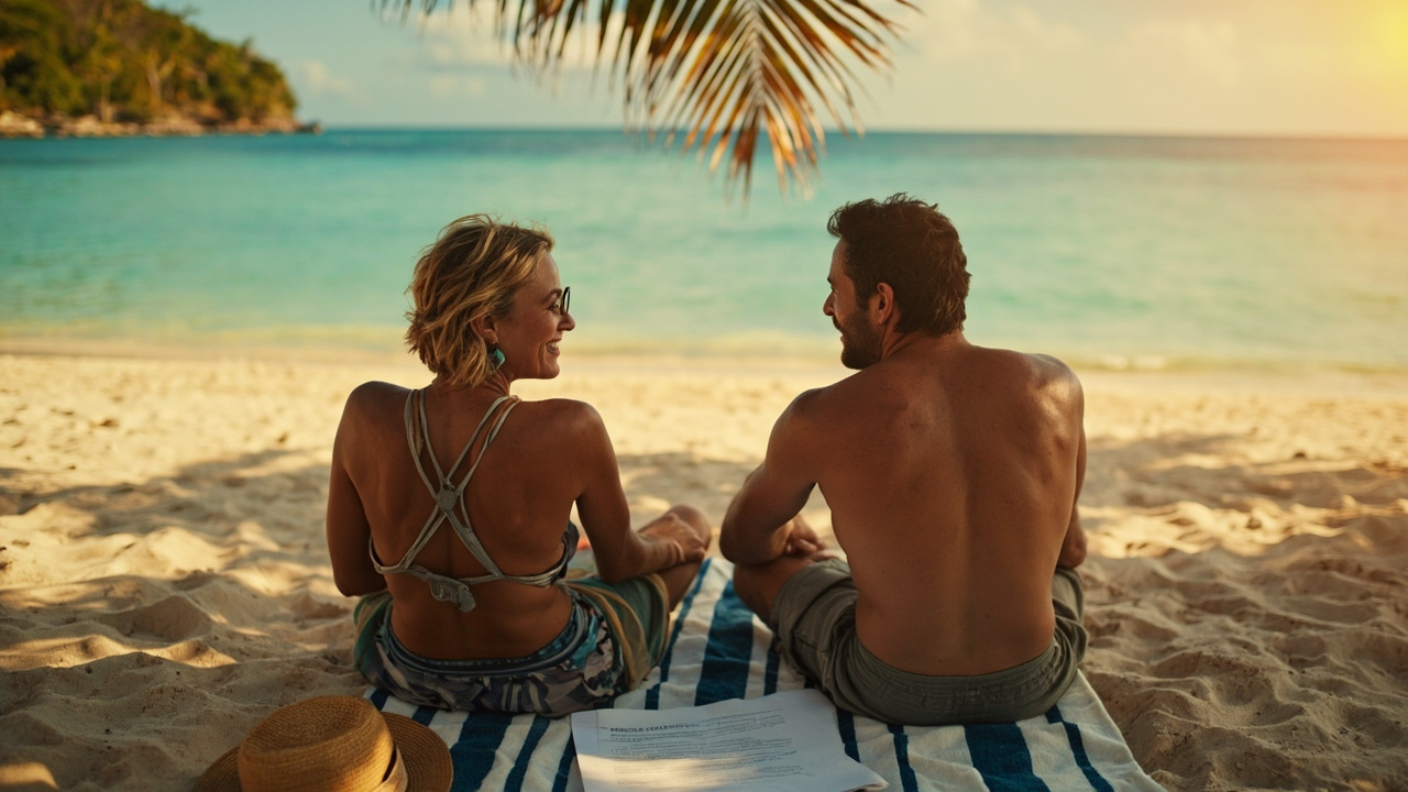 An American couple relaxing on a quiet tropical Cambodian-style beach at golden hour, with a printed eVisa and sun hat resting on a towel beside them