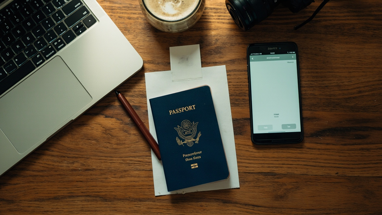 Overhead flat-lay of a blue US passport, a printed passport-style photo, a smartphone, and an open laptop on a warm wooden home-office desk