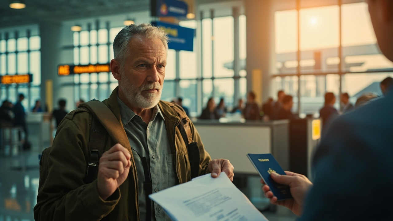 American traveler calmly presenting an open blue US passport and a folded printout at a soft-focus airport immigration counter