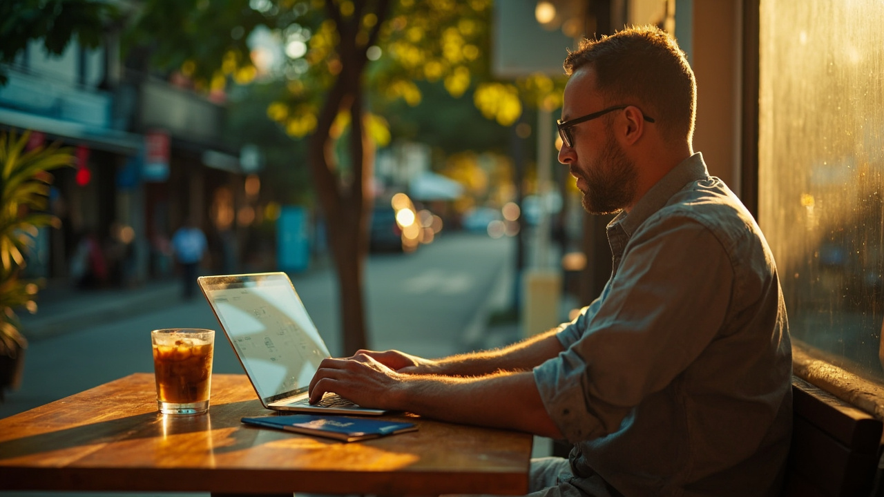 American remote worker in their 30s working on a laptop at a sunlit Phnom Penh cafe table with a blue US passport beside them