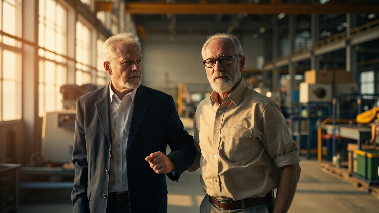American business visitor in their late 30s touring a bright modern Cambodian factory floor with a local partner