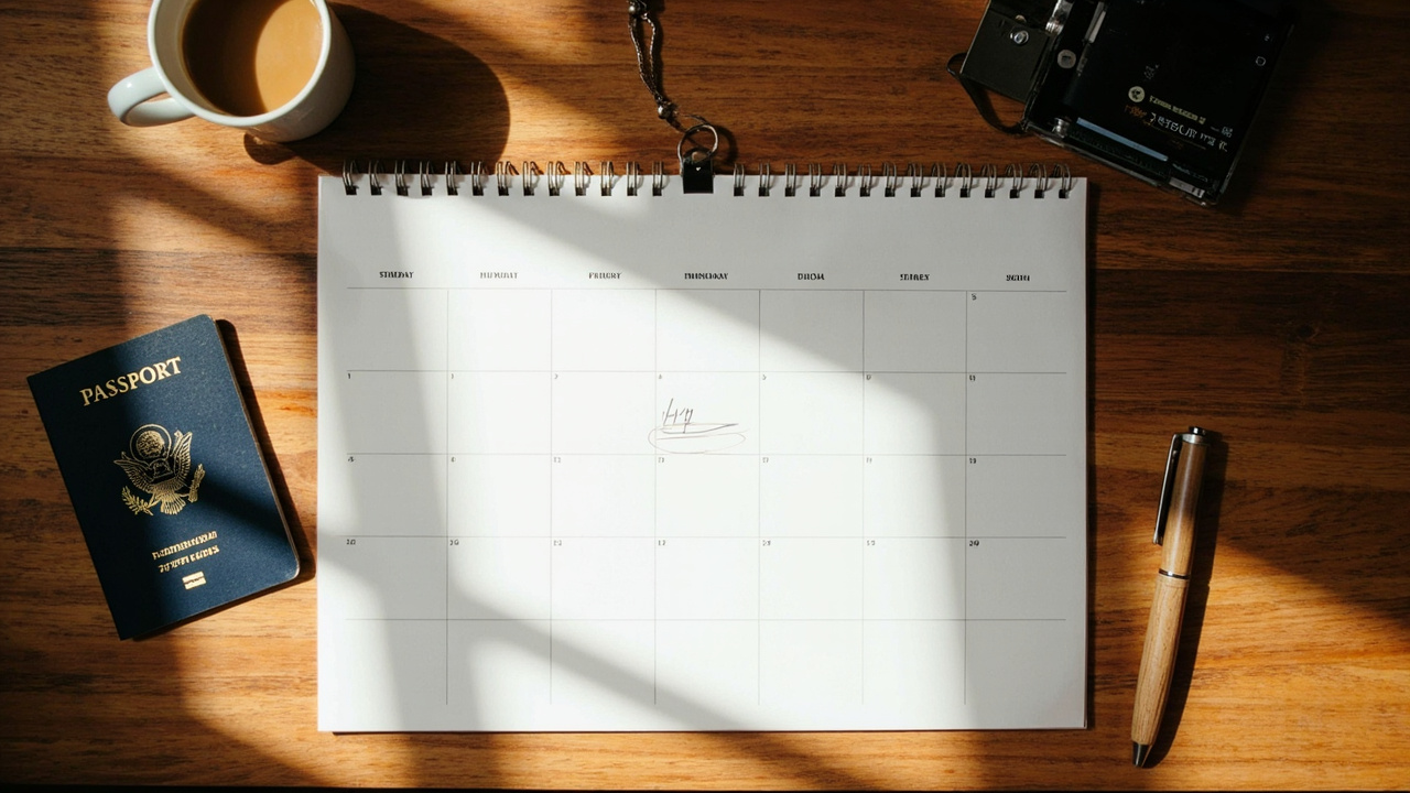 Overhead flat-lay of a paper wall calendar, a blue US passport, and a pen on a warm wooden desk as a traveler maps out a trip window