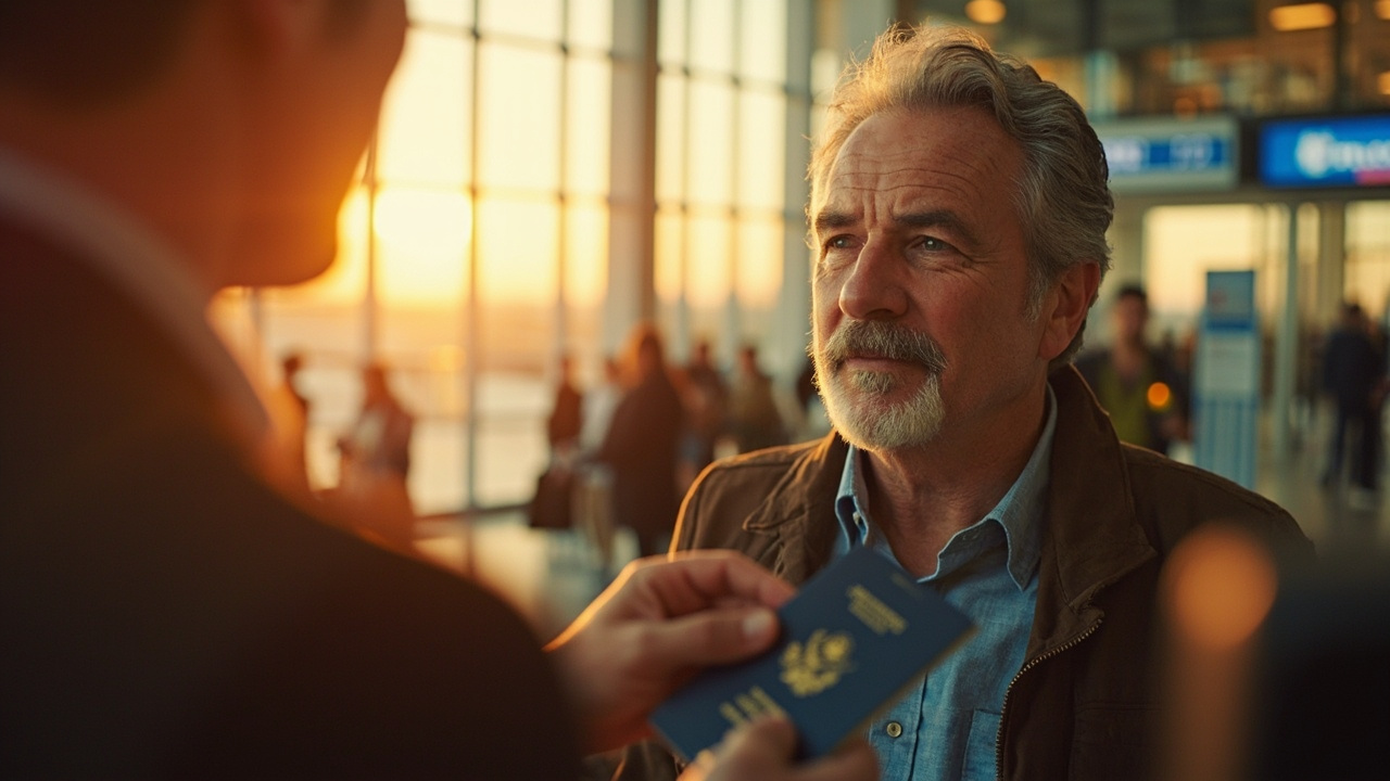 American traveler in their late 30s presenting an open passport at a soft-focus airport immigration counter at golden hour, receiving a single entry stamp