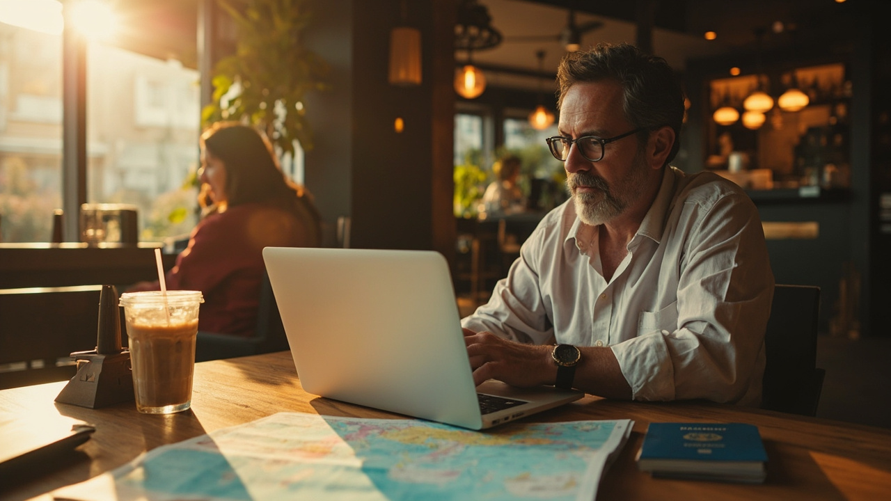 American traveler planning a Southeast Asia loop on a laptop at a sunlit cafe table, with a folded regional map and a blue US passport beside it