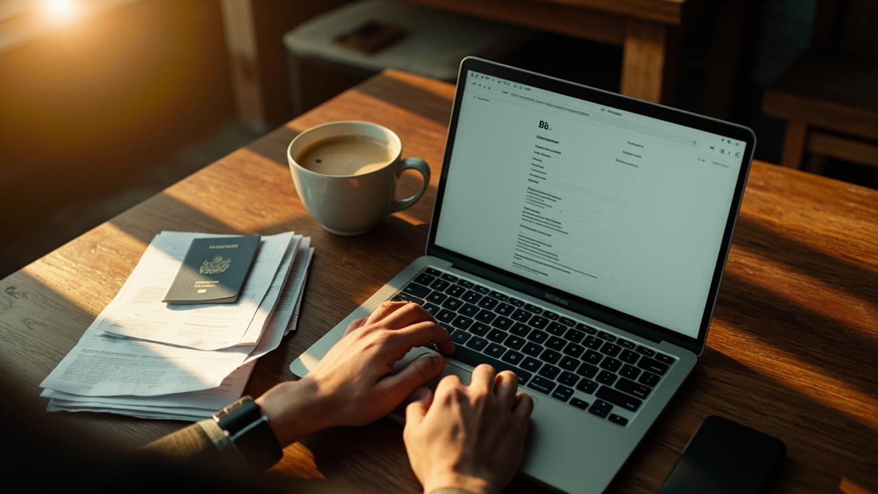 American traveler applying for a second eVisa on a laptop at a warm wooden desk, with a blue US passport and a printed first eVisa beside the keyboard