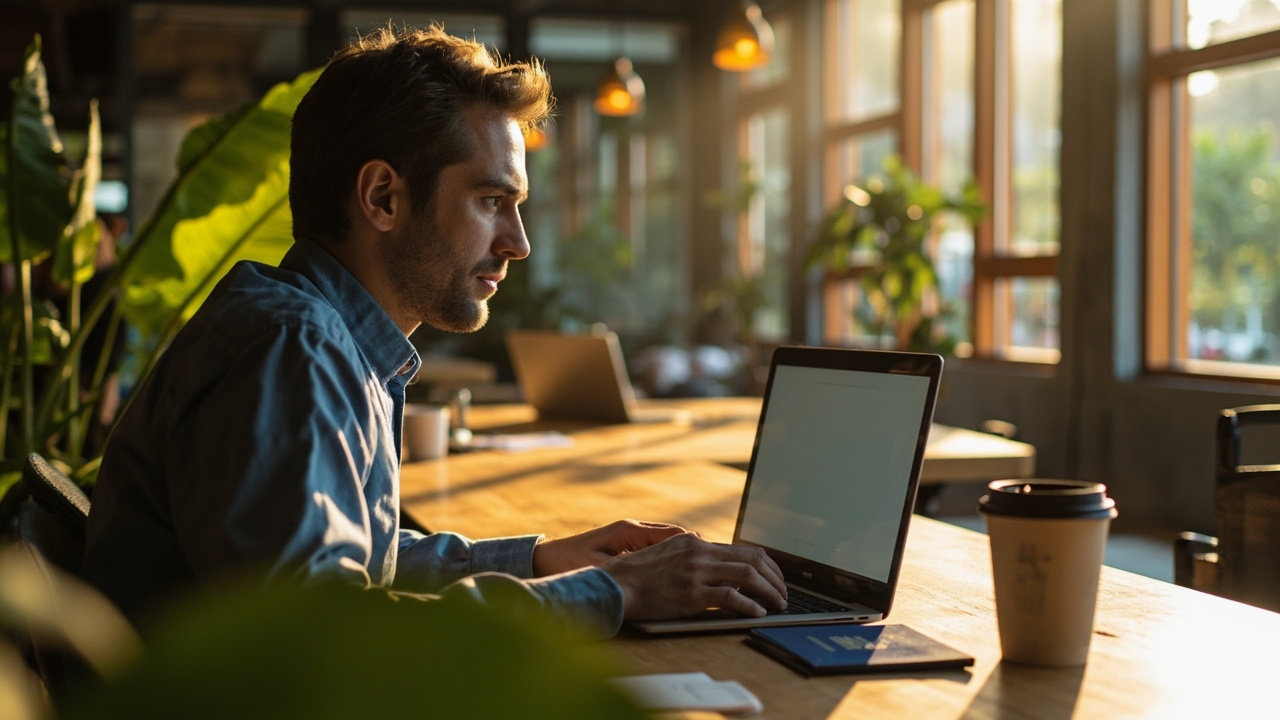 American remote worker in their 30s working at a bright Siem Reap coworking space with a blue US passport beside the laptop
