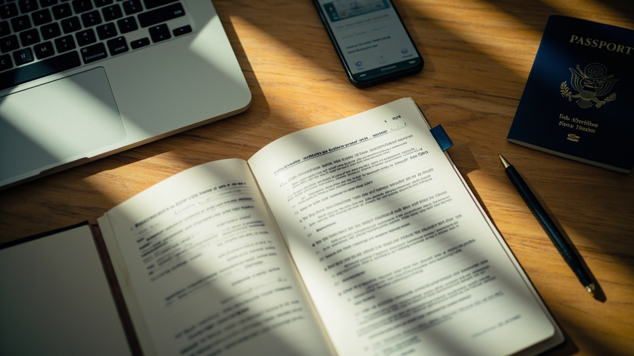 Overhead flat-lay of a blue US passport, an open laptop, and a smartphone on a warm wooden desk in a sunlit room