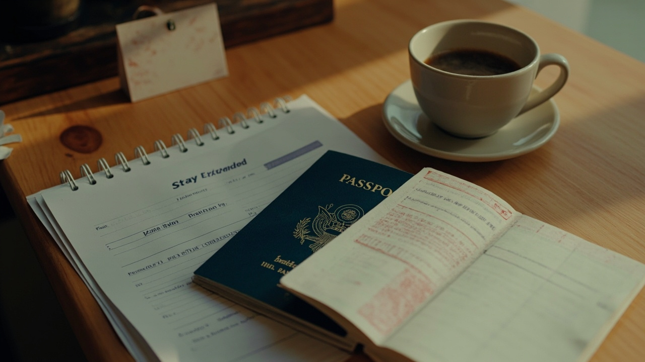 Overhead close-up of an open blue US passport with a calendar and a coffee on a warm wooden desk suggesting an in-country extension plan