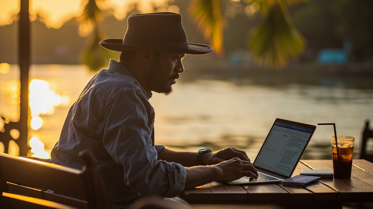 American long-stay nomad working on a laptop at a riverside cafe table in Kampot at golden hour with a blue US passport beside them