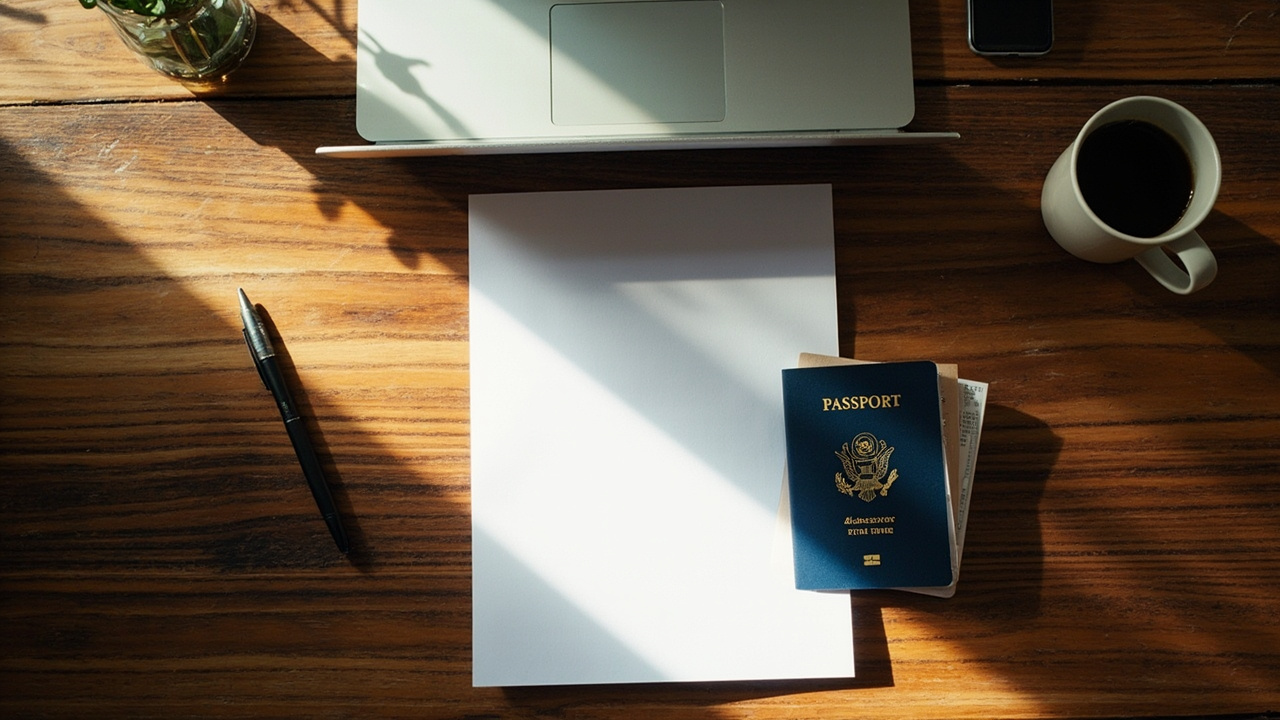 Overhead view of a blue American passport and a folded A4 eVisa printout on a warm wooden desk beside a laptop