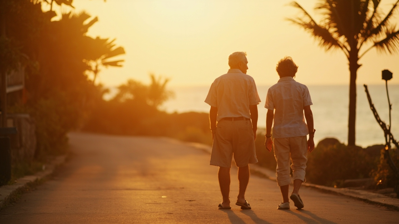 A retired American couple walking a quiet coastal lane in Kep, Cambodia, at golden hour with sea-facing villas in soft focus