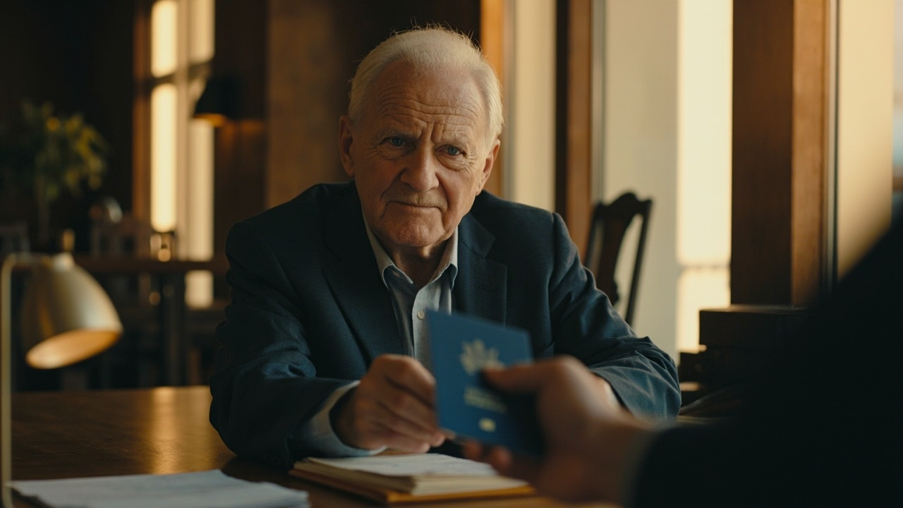 An older American traveler handing a blue passport across a desk to an immigration agent just off-frame at golden hour