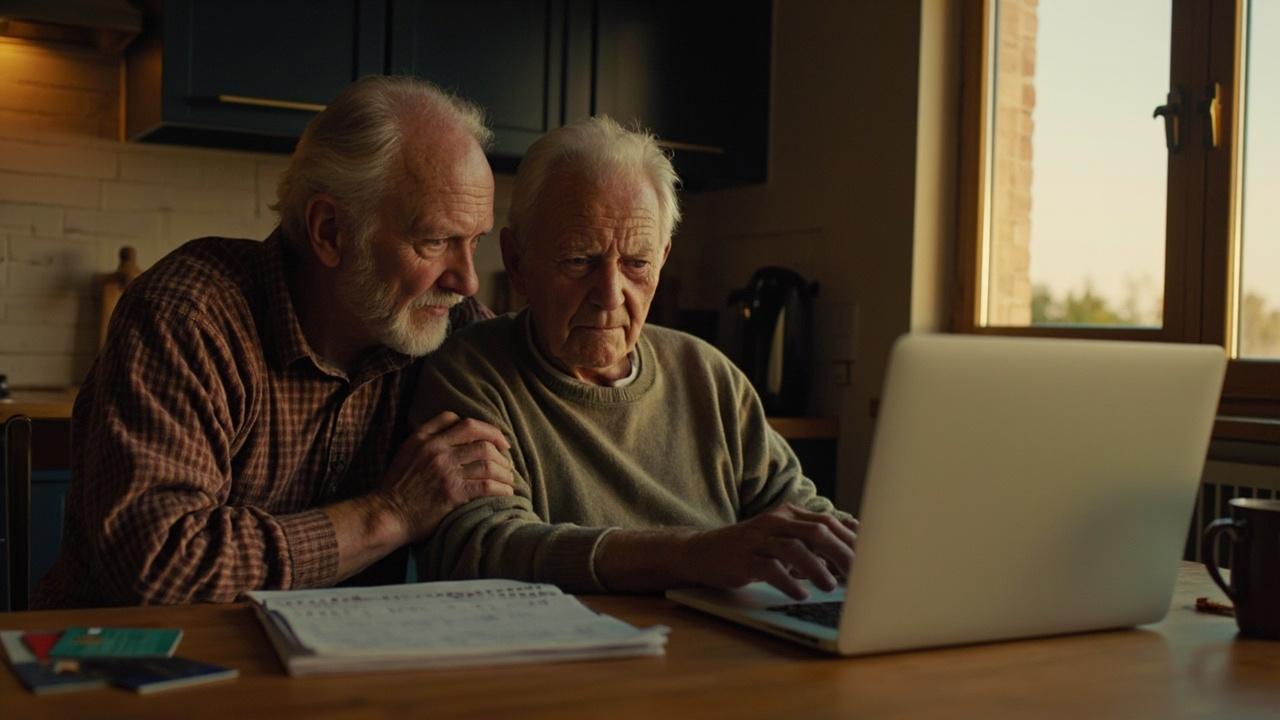 A retired American couple reviewing extension options on a laptop at a warm wooden kitchen table with a calendar and bank cards
