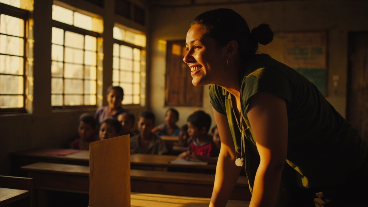 American volunteer teaching a small group of Cambodian schoolchildren in a sunlit classroom with a visa folder on the desk