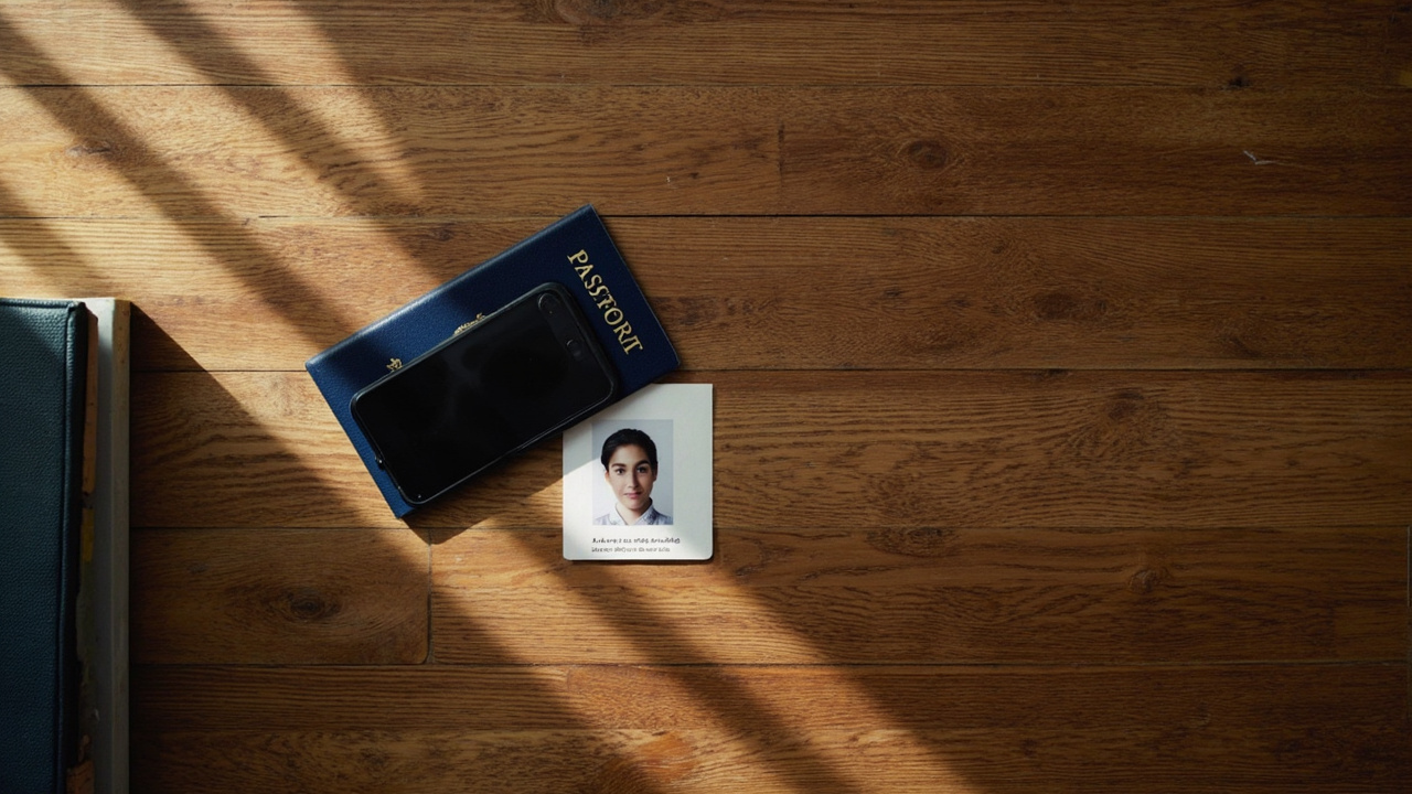 Overhead flat-lay of a blue US passport, a printed passport-style photo, and a smartphone on a warm wooden desk