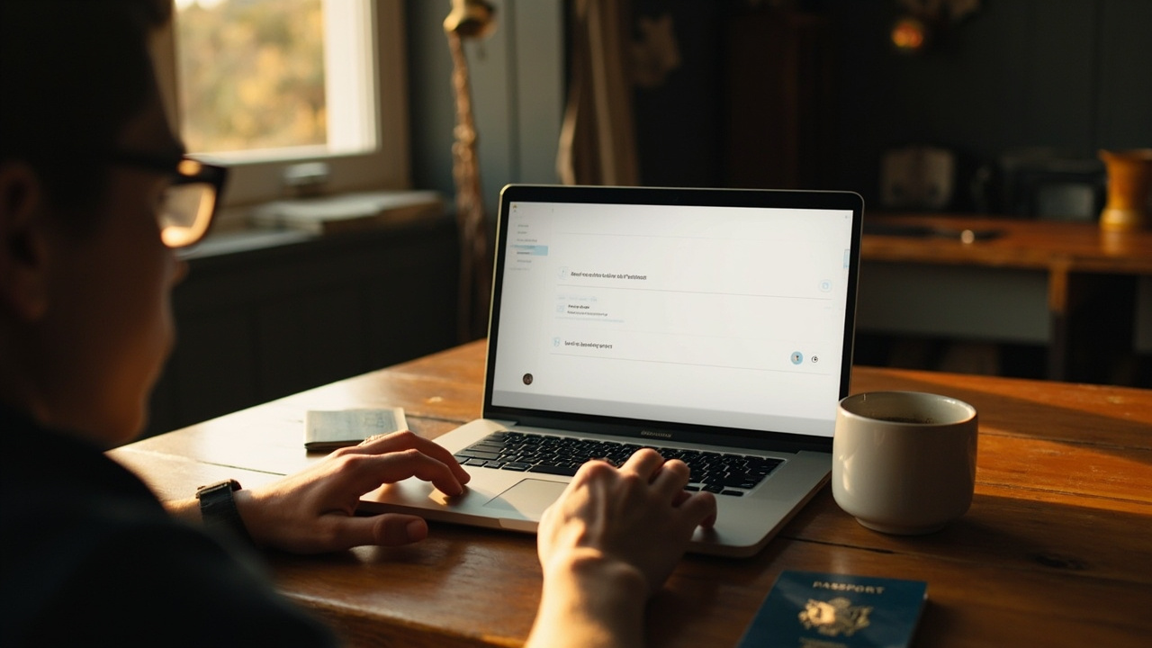 American volunteer comparing two visa options on a laptop at a warm wooden desk, blue US passport and a coffee beside it
