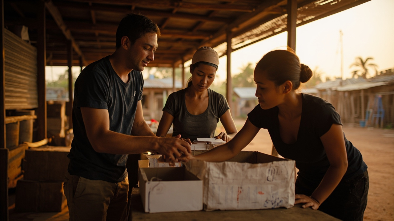 American volunteer in their twenties working alongside Cambodian NGO staff outdoors at a community project site at golden hour