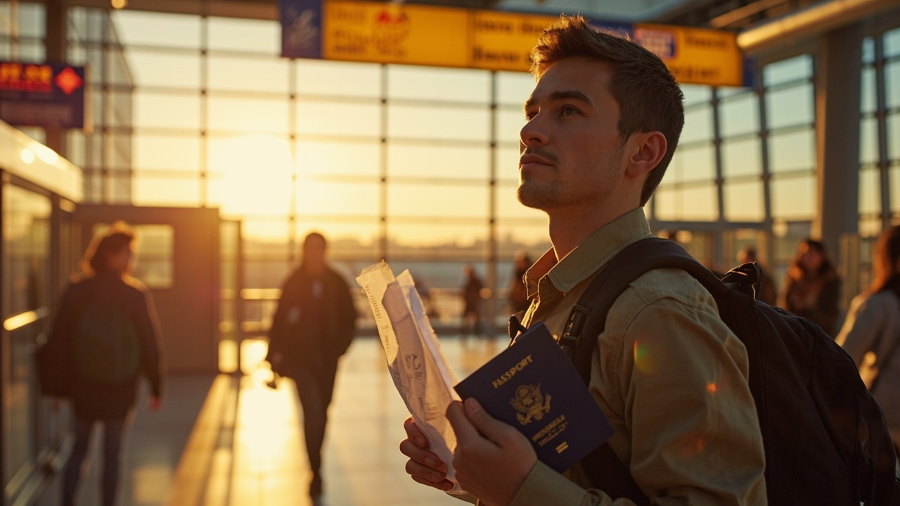 American volunteer with a backpack arriving calmly at a soft-focus Cambodian airport, holding a blue US passport and a folded printout at golden hour