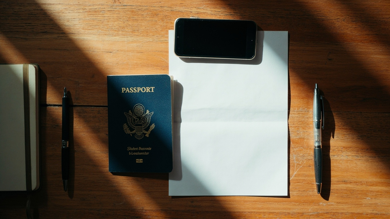 Overhead flat-lay of a blue US passport, a folded enrollment letter, and a smartphone on a warm wooden desk