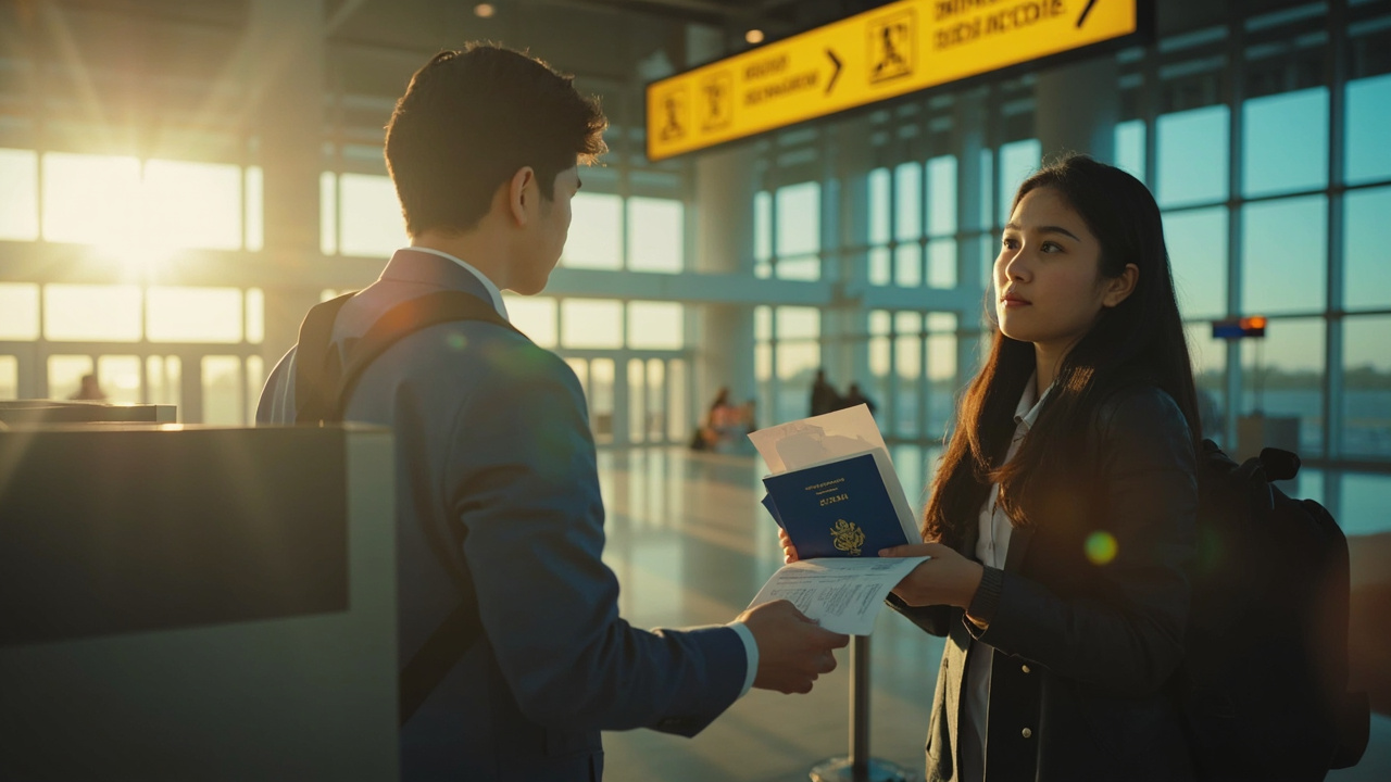 American student calmly presenting an open blue US passport and a folded printout at a soft-focus airport immigration counter
