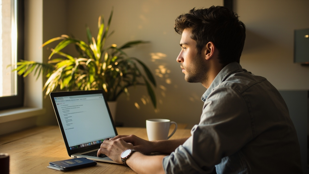 American student in their early 20s applying for a visa on a laptop at a sunlit US home desk with a blue US passport beside them