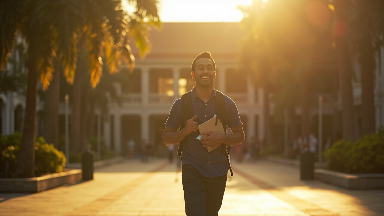 American student in their early 20s walking across a sunlit Phnom Penh university courtyard with a backpack and notebooks
