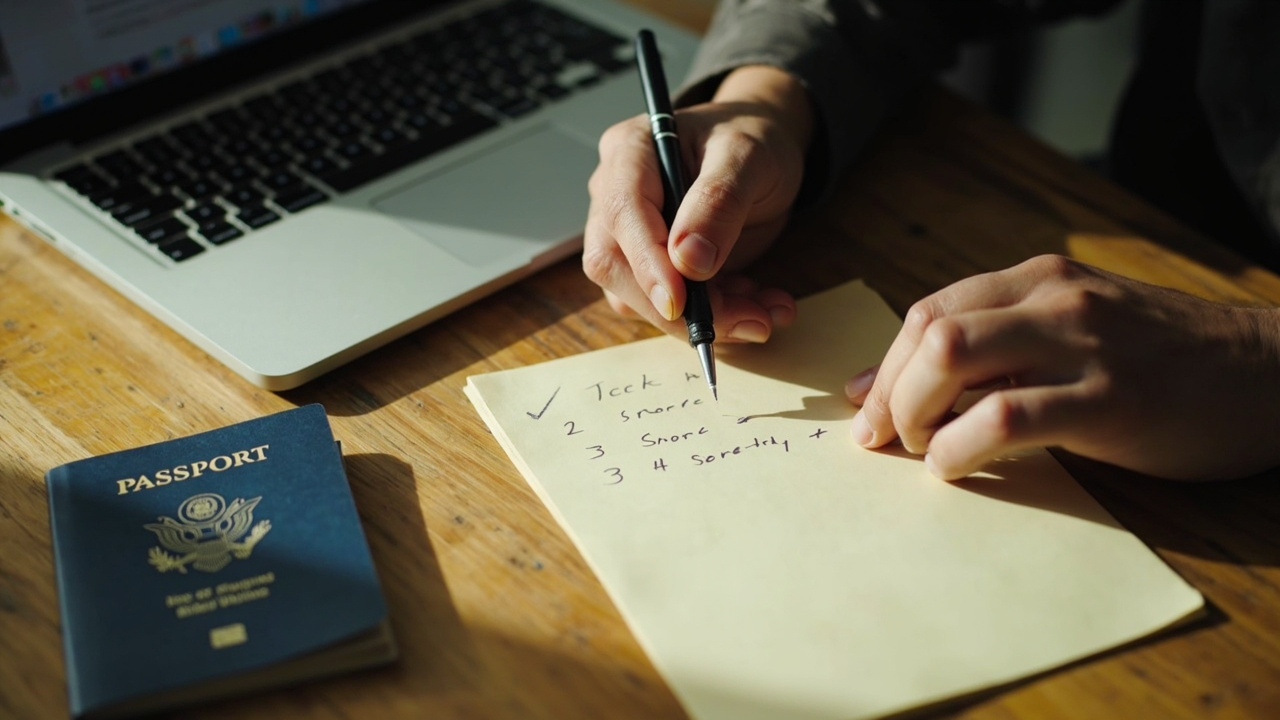 American traveler comparing options on a handwritten note beside a laptop and blue American passport on a sunlit desk