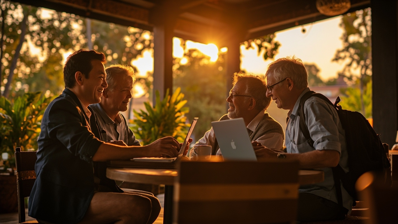 Four different American long-stay travelers — a remote worker, a business consultant, a retired couple, and a student — captured in a warm editorial collage feel