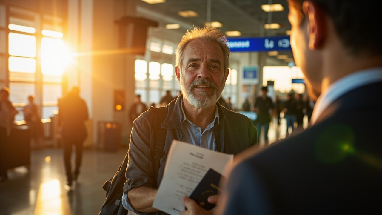 American traveler calmly presenting a blue passport and a folded printout at a soft-focus Cambodian immigration counter at golden hour