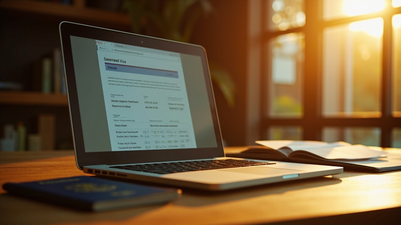 Open laptop on a warm wooden desk showing a generic approved eVisa PDF beside a blue American passport at golden hour