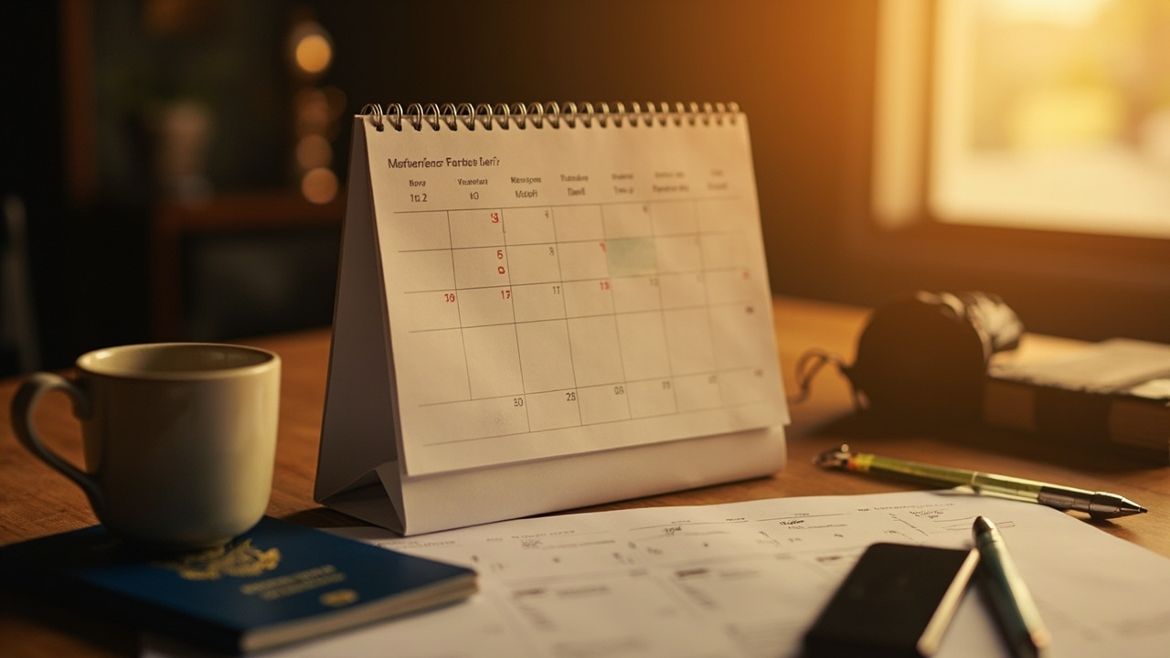 Wall calendar and a blue US passport on a warm desk, with two weeks marked ahead of a stay deadline to signal extension timing