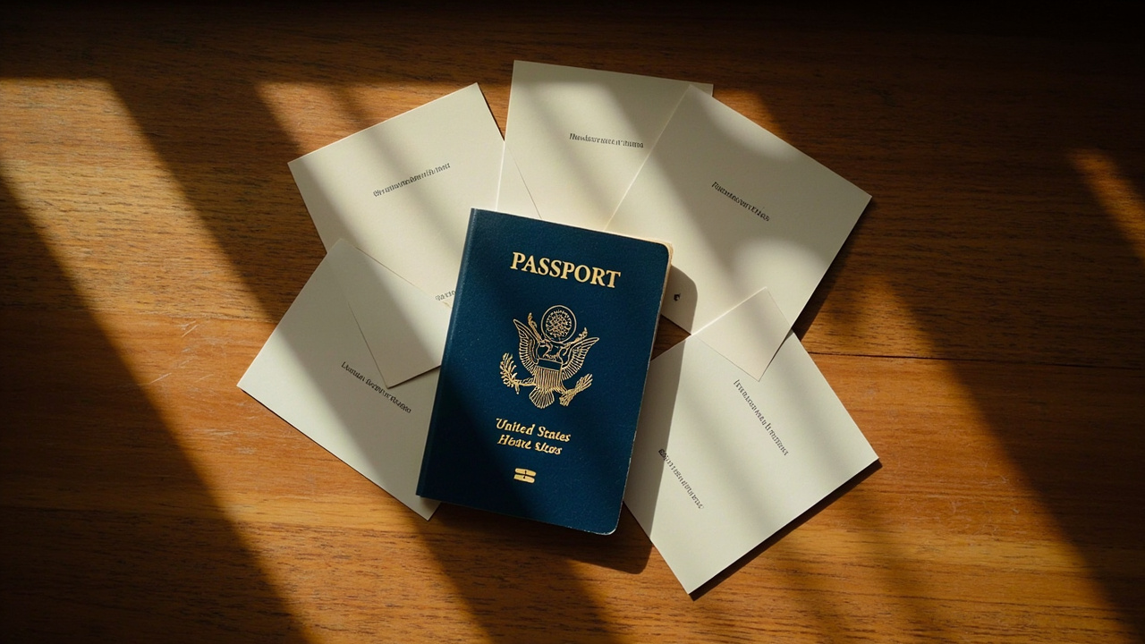 Overhead flat-lay of a blue US passport on a warm wooden desk surrounded by softly arranged document cards suggesting a family of visa types