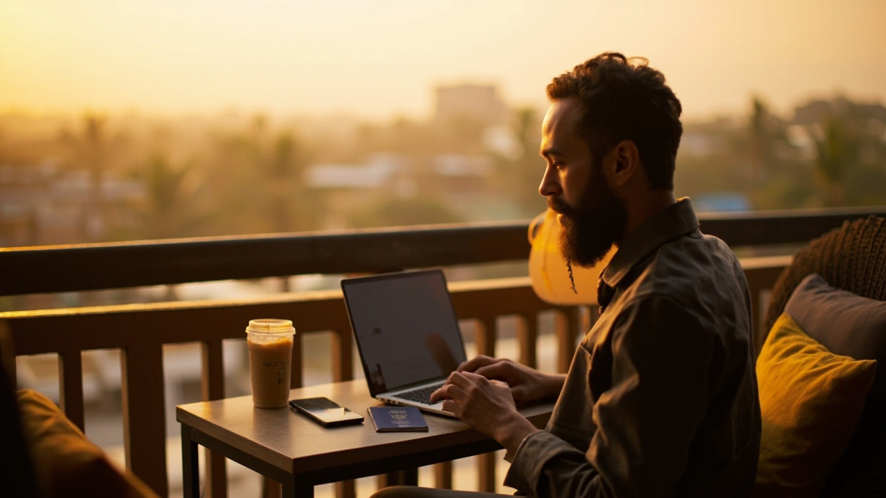 American remote worker on a balcony overlooking a Cambodian city skyline, laptop on the table during a long stay
