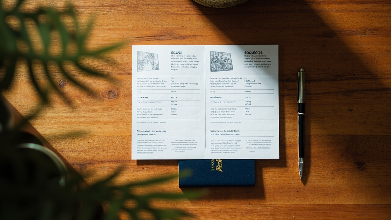 Overhead flat-lay of two printed comparison cards side by side beside a blue US passport on a warm wooden desk