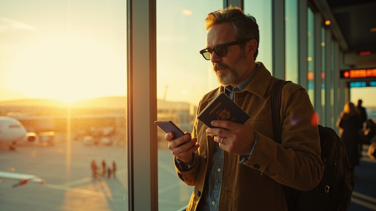 American traveler checking a phone with a blue US passport in hand at a sunlit airport departure window, calmly confident