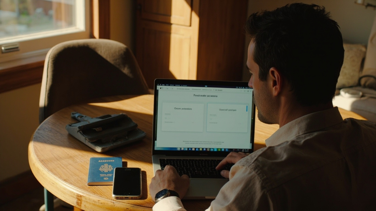 American traveler in their late 30s choosing between two visa options on a laptop at a sunlit kitchen table with a blue US passport beside them