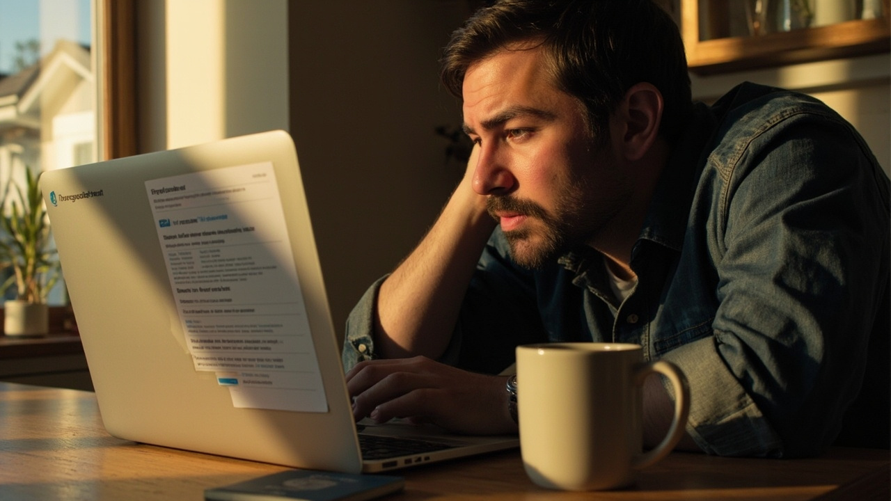 American traveler in their thirties at a kitchen table, looking concerned at a laptop showing a flagged visa application with a help-chat window open, in warm golden-hour light