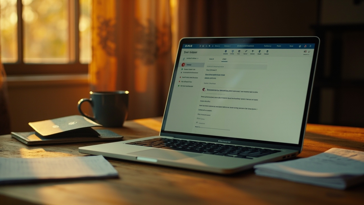 Laptop on a warm wooden desk showing a generic approved-document email arriving in an inbox, beside a blue US passport and a printed A4 page